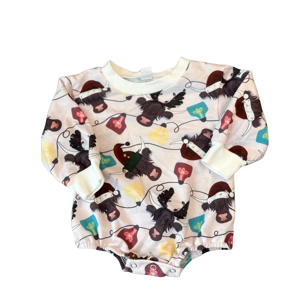 Adorable Highland Cow Festive Holiday Christmas‎ Print Kids One Piece Sz 6/9mths